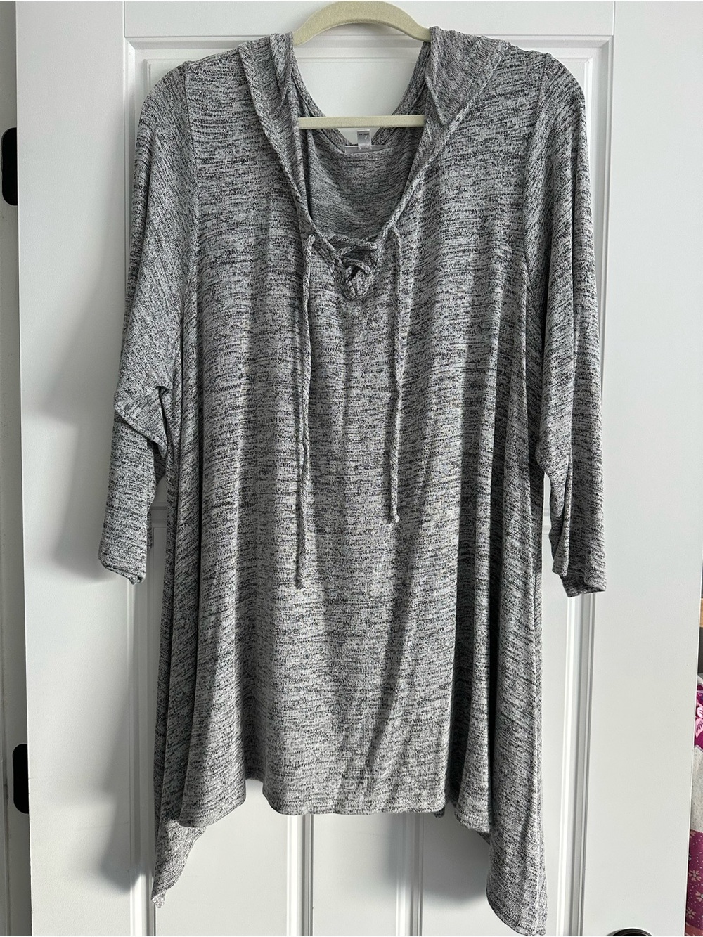 Cozy Heather Gray Hooded Tunic with Lace-Up Neck